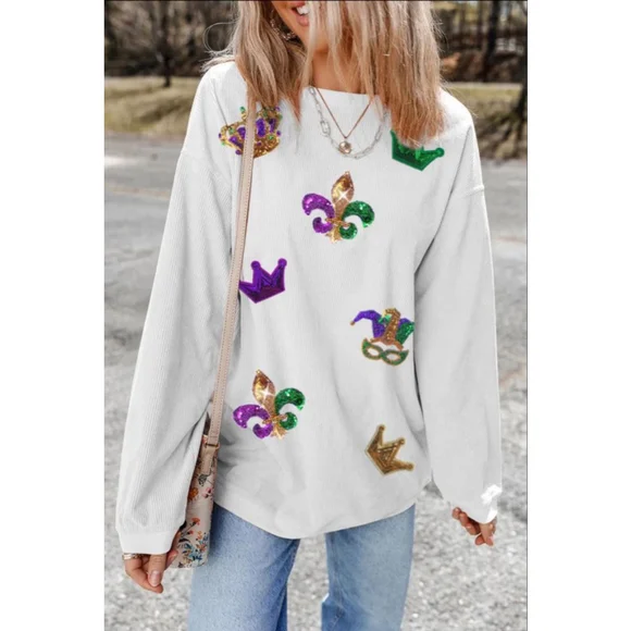 Mardi Gras Sequin Patch Oversized White Corded Sweatshirt - Picture 6 of 8